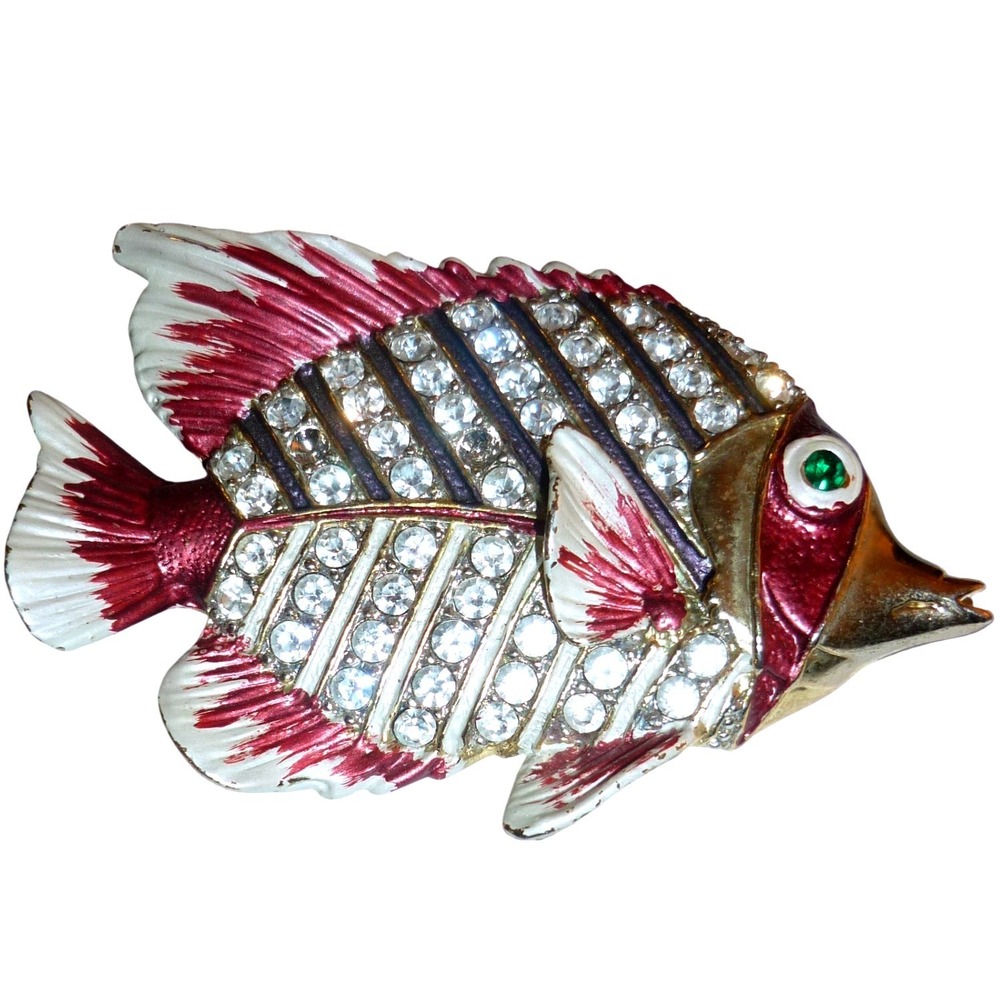 Vtg Tropical Angelfish Brooch Enamel‎ Rhinestone Nautical Statement Pin Magenta